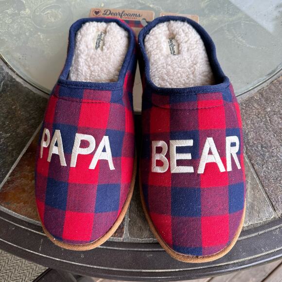 DearFoams Papa Bear Slippers Mens XL 13-14 Memory Foam Buffalo Plaid Cabincore - Picture 1 of 5